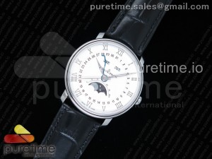 Villeret 6654 SS Complicated Function OMF 1:1 Best Edition White Dial on Black Leather Strap A6654 V2