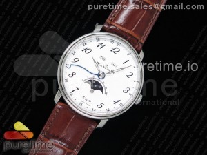Villeret Quantième Complet 8 Jours SS Complicated Function OMF 1:1 Best Edition White Dial Numeral Markers on Brown Leather Strap A6639