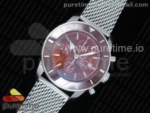 SuperOcean Heritage ii 46mm Chronograph SS Brown Dial Brown Ceramic Bezel on SS Mesh Bracelet A7750