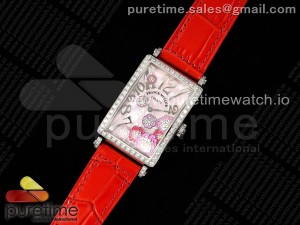 Long Island Ladies SS Diamonds Bezel ZF 1:1 Mother of Pearl Dial on Red Leather Strap Swiss Ronda Quartz