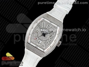 Vanguard V45 SS ABF Best Edition Full Diamonds Dial on White Leather Strap A2824