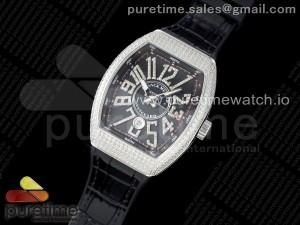 Vanguard V45 SS ABF Best Edition Full Diamonds Case Black Dial on Black Leather Strap A2824