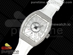 Vanguard V45 SS ABF Best Edition Full Diamonds Case Silver Dial on White Leather Strap A2824