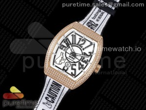 #FR2NCK Muller Vanguard RG Full Diamonds ABF Best Edition White Dial on White Rubber Strap A2824