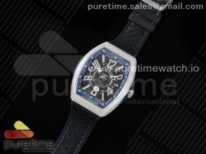 Vanguard V45 SS ABF Best Edition Black Dial Blue Inner Bezel Diamonds Bezel on Black Leather Strap A2824
