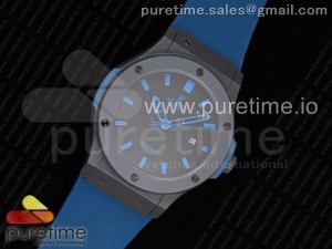 Classic Fusion 45mm All Black Ceramic Black Dial Blue Markers on Blue Rubber Strap A2824