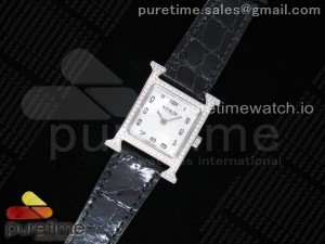 Heure H Watch 21mm SS Diamonds Bezel K11F 1:1 Best Edition White Dial on Black Croco Strap Ronda Quartz