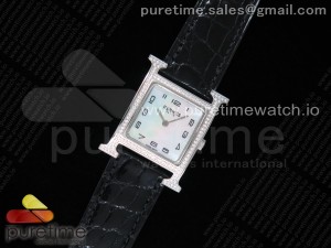 Heure H Watch 26mm SS Diamonds Bezel K11F 1:1 Best Edition White Dial on Black Croco Strap Ronda Quartz