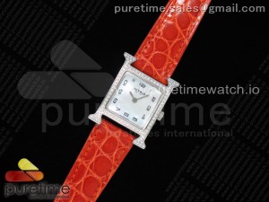 Heure H Watch 21mm SS Diamonds Bezel K11F 1:1 Best Edition White Dial on Orange Croco Strap Ronda Quartz