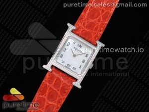 Heure H Watch 26mm SS Diamonds Bezel K11F 1:1 Best Edition White Dial on Orange Croco Strap Ronda Quartz