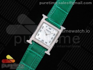  Heure H Watch 26mm SS Diamonds Bezel K11F 1:1 Best Edition White Dial on Green Croco Strap Ronda Quartz
