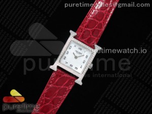 Heure H Watch 21mm SS Diamonds Bezel K11F 1:1 Best Edition White Dial on Red Croco Strap Ronda Quartz