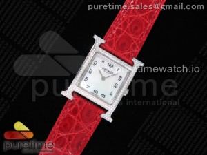 Heure H Watch 26mm SS Diamonds Bezel K11F 1:1 Best Edition White Dial on Red Croco Strap Ronda Quartz