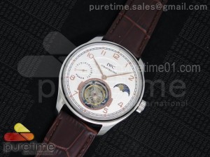 Portuguese Tourbillon Power Reserve Moonphase SS White Dial on Brown Leather Strap