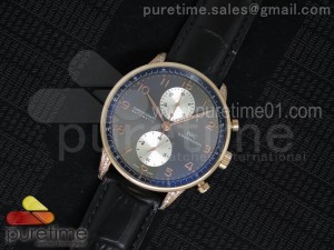 Portuguese Chrono RG Diamonds Case Gray/Silver Dial on Black Leather Strap A7750