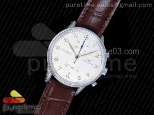 Portuguese Chrono SS IW371480 ZF 1:1 Full Paved Diamonds Best Edition on Brown Leather Strap A7750 (Same Thickness as Genuine)