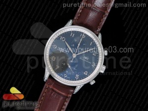 Portuguese Chrono IW371431 ZF 1:1 Best Edition Full Paved Diamonds on Brown Leather Strap A7750 (Same Thickness as Genuine)