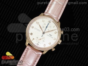 Portuguese Chrono IW3714 RG ZF White Dial Diamonds Inner Bezel on 6 Colors Leather Strap A7750 (Same Thickness as Genuine)