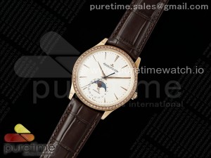 Master Ultra Thin Moon RG APSF 1:1 Best Edition White Dial Diamonds Bezel on Brown Leather Strap SA925 Super Clone