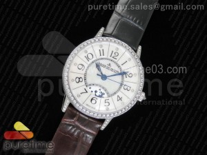 Rendez-Vous Night & Day SS White MOP Dial Full Paved Diamonds on Brown Leather Strap A898