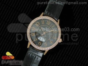 Rendez-Vous Date RG Black Textured Dial Diamonds Bezel on Black Leather Strap A898