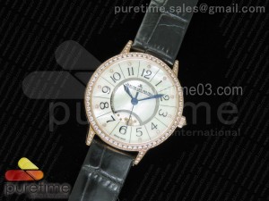 Rendez-Vous Night & Day RG White MOP Dial Full Paved Diamonds on Black Leather Strap A898