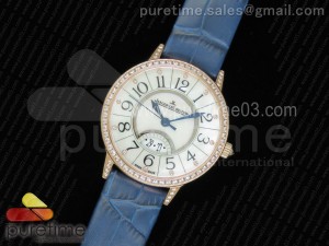 Rendez-Vous Date RG White MOP Dial Full Paved Diamonds on Blue Leather Strap A898