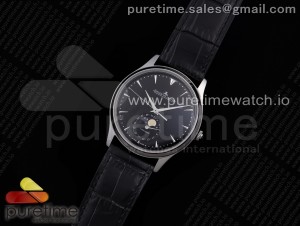 Master Ultra Thin Moon SS AZF 1:1 Best Edition Black Dial on Black Leather Strap A925