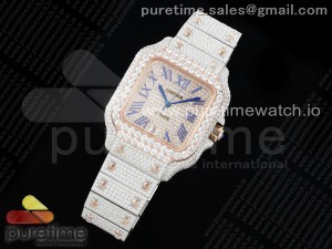 Santos 40mm Full Diamonds SS/RG TWF Best Edition Diamonds Blue Roman Dial on Bracelet MIYOTA 9015