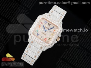 Santos 40mm Full Diamonds SS/RG TWF Best Edition RG Diamonds Colorful Arabic Dial on Bracelet MIYOTA 9015