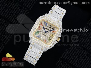 Santos 40mm Full Diamonds SS/YG TWF Best Edition Diamonds Colorful Roman Dial on Bracelet MIYOTA 9015
