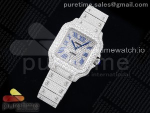 Santos 40mm Full Diamonds SS TWF Best Edition Diamonds Blue Roman Dial on Bracelet MIYOTA 8215