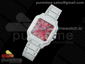 Santos 40mm Full Diamonds SS TWF Best Edition Red Roman Dial on Bracelet MIYOTA 8215