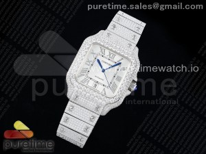 Santos 40mm Full Diamonds SS TWF Best Edition Silver Roman Dial on Bracelet MIYOTA 8215