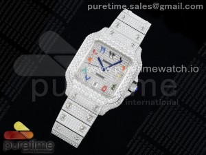 Santos 40mm Full Diamonds SS TWF Best Edition Diamonds Colorful Arabic Dial on Bracelet MIYOTA 9015