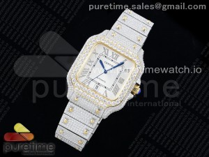Santos 40mm Full Diamonds SS/YG TWF Best Edition Silver Roman Dial on Bracelet MIYOTA 9015