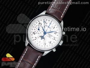 Master Moonphase Chronograph SS GSF 1:1 Best Edition White Dial on Brown Leather Strap A7751