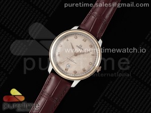 De Ville Date RG MKF 1:1 Best Edition Brown Textured Dial Diamonds Marker on Brown Leather Strap A8800