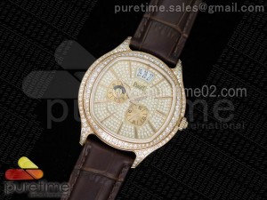 Emperador RG Full Paved Diamonds on Brown Leather Strap A23J