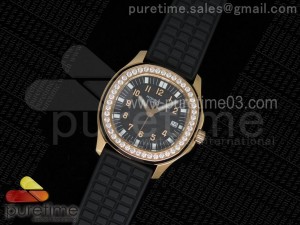 Aquanaut Luce RG Black Textured Dial Diamonds Bezel on Black Rubber Strap A23 Quartz