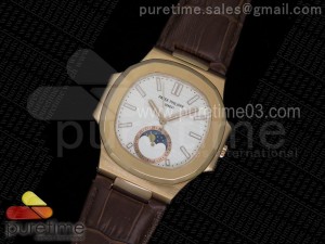 Nautilus 5726 Moonphase RG White Dial on Brown Leather Strap A324