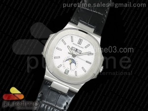 Nautilus 5726 Complicated SS White Textured Dial on Black Leather Strap A324