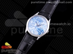 Calatrava SS FLF Best Edition Blue Dial Style 2 on Black Leather Strap A240 (Micro Rotor)