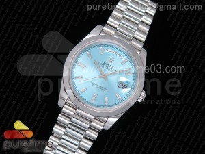 Day Date II SS 1:1 Best Edition Polished Bezel Ice Blue Dial Crystal Markers on SS Bracelet A3255 (Same Serials Card)