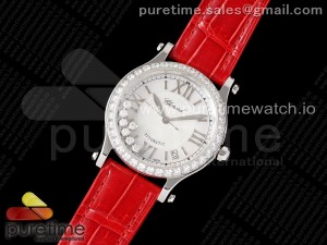 Happy Sport 36mm SS ZF 1:1 Best Edition Diamonds Bezel White Dial on Red Leather Strap A2892 Style 2