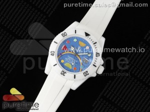 Submariner 40mm White Ceramic 5GF Best Edition Blue Rainbow Dial on White Rubber Strap SA3135