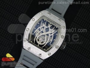 RM 19-01 Tourbillon SS Full Paved Diamonds Case Skeleton Spider Dial on Gray Rubber Strap 6T51