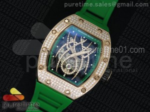 RM 19-01 Tourbillon RG Full Paved Diamonds Case Skeleton Spider Dial on Green Rubber Strap 6T51