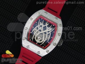 RM 19-01 Tourbillon SS Full Paved Diamonds Case Skeleton Spider Dial on Red Rubber Strap 6T51