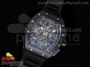 RM011 Real Ceramic Case Chronograph KVF 1:1 Best Edition Crystal Skeleton Dial Black on Black Rubber Strap A7750